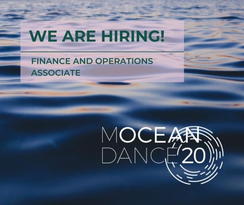 A photo of the ocean's surface, overlaid with the text: We are hiring! Finance and operations associate. A white logo is in the bottom corner with the words Mocean Dance, and the number 20 surrounded by concentric circles.