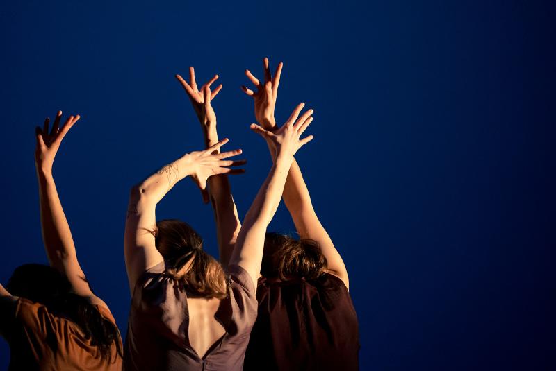Dancers face away, reaching their hands high.