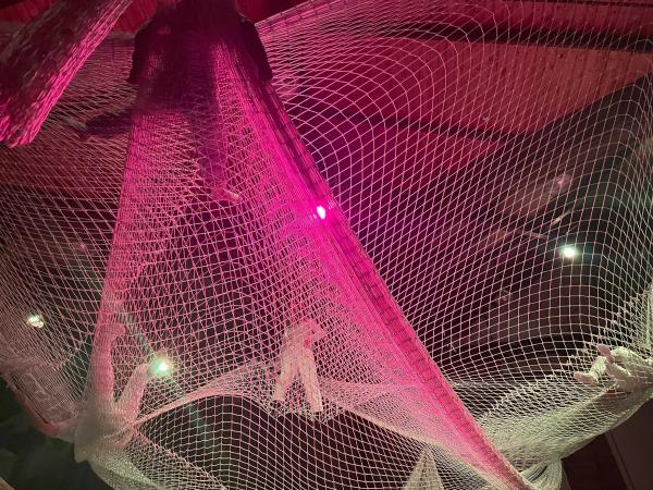 Four people stand or sit inside an enormous net suspended from the ceiling, under magenta lights.