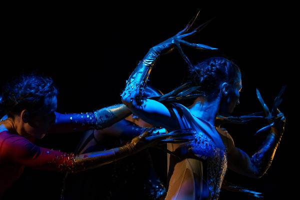 Two dancers entwine their arms around a third dancer. Each wears gloves with feathers attached to the fingertips. 