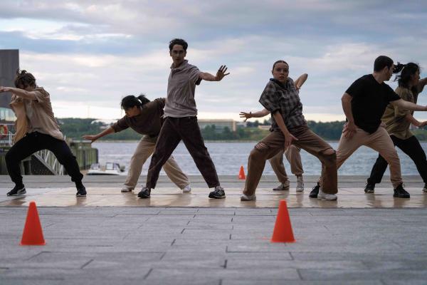 A group of people dance in front of a harbour