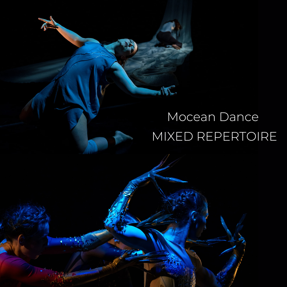 Two images combined of a duet and a trio of dancers under blue lights.