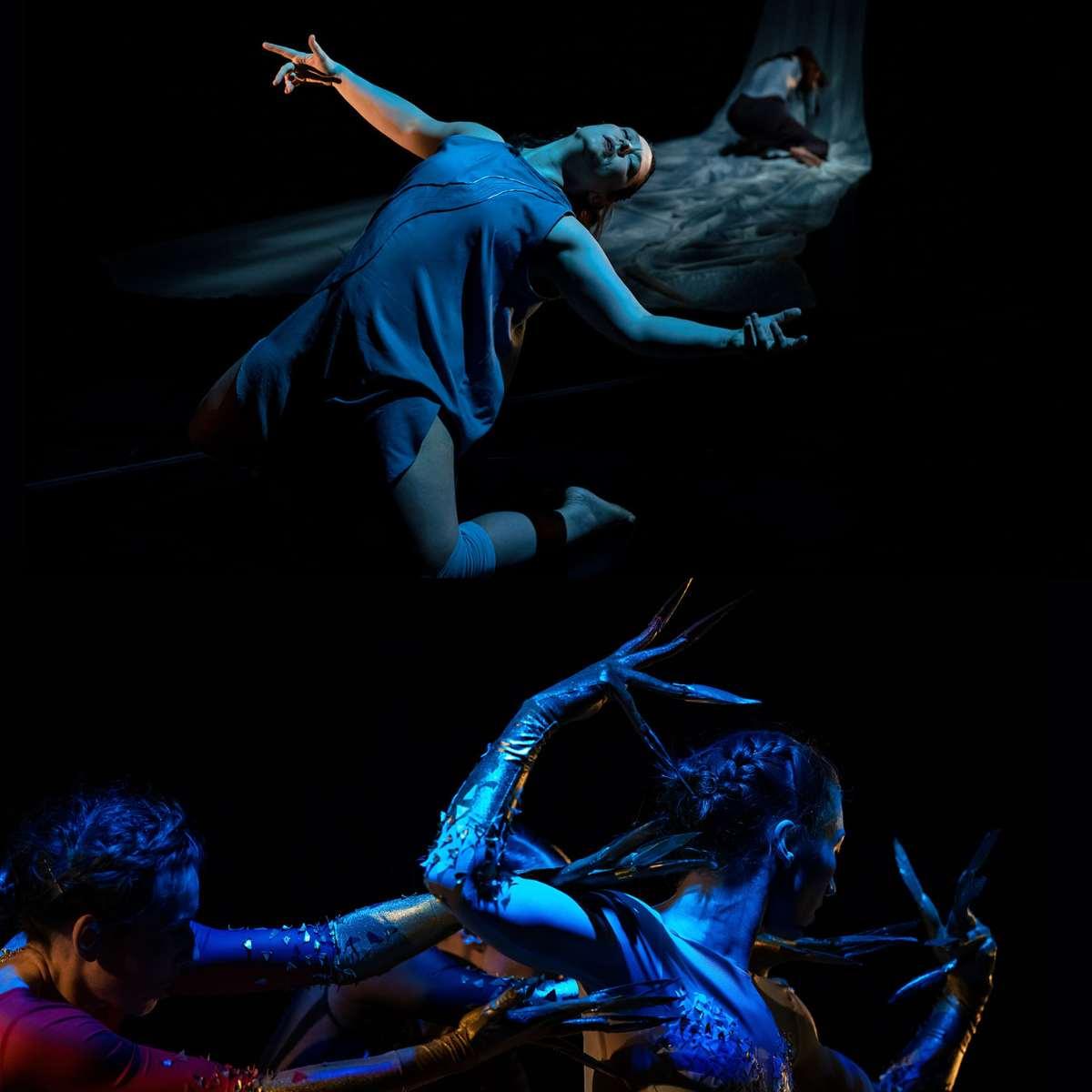 Two images combined of a duet and a trio of dancers under blue lights.