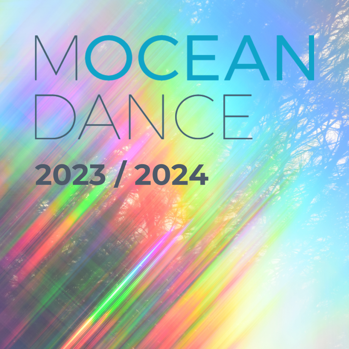 Rainbow prism colours with text: Mocean Dance 2023/2024