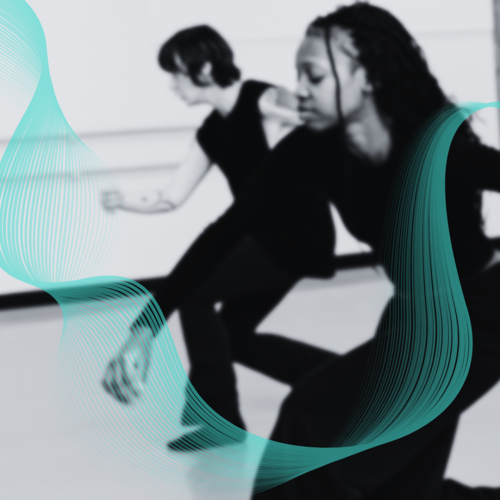 A white and black female presenting dancers are seen lunging forward in a black and white blurred photo. There is a blur swirl ontop of the image and words that read SURGE, Call for choreographers